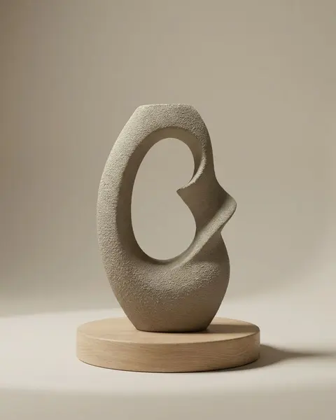 Sandfarbene Keramikskulptur mit großer runder Öffnung und strukturierter Oberfläche