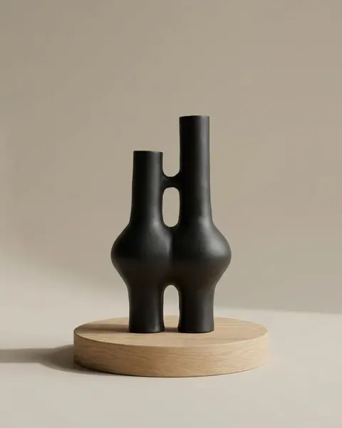 Mattschwarze Vase in skulpturaler Form mit zwei Hälsen
