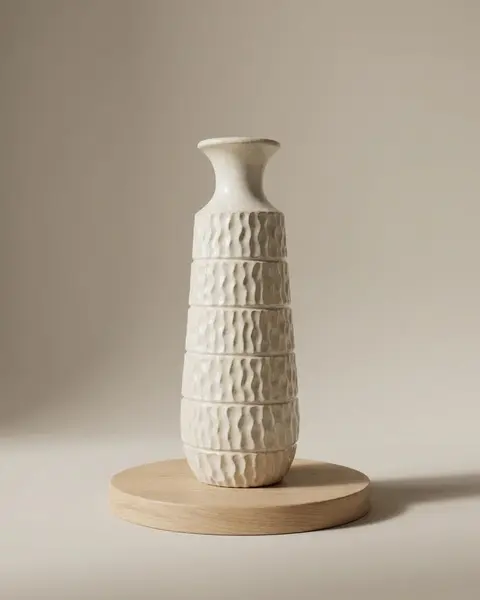 Hohe cremefarbene Vase mit Relief und Reaktivglasur