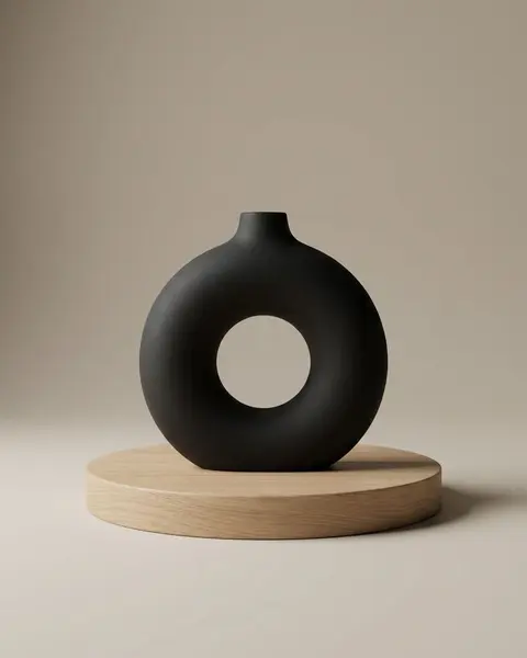 Mattschwarze Ringvase mit runder Öffnung in der Mitte