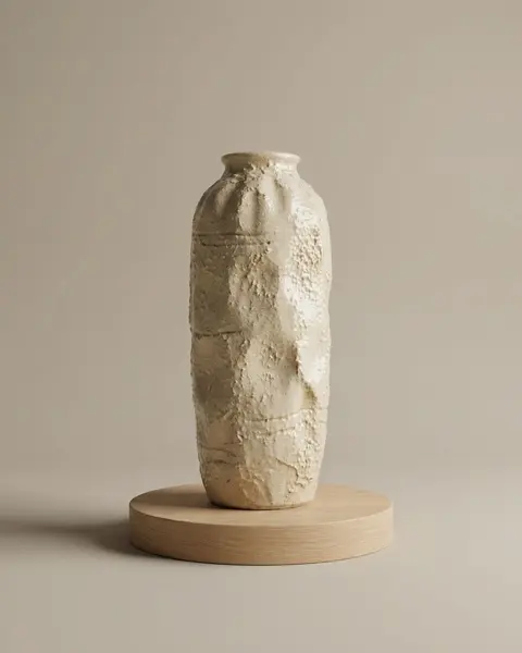 Hohe sandfarbene Vase aus Steingut mit rauer Krakelee-Oberfläche