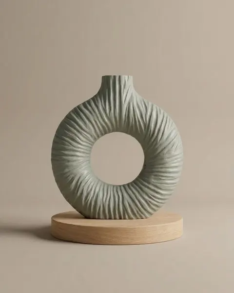 Runde gerippte Ringvase in Salbeigrau mit Öffnung in der Mitte