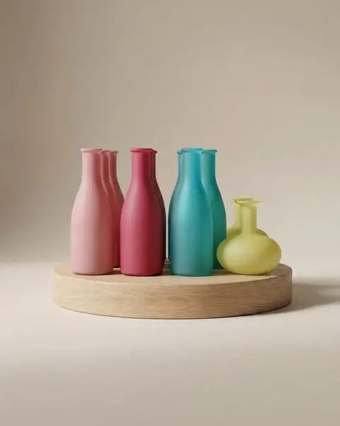 Matte Flaschenvasen aus Farbglas in Himbeerrot, Türkis und Rosé