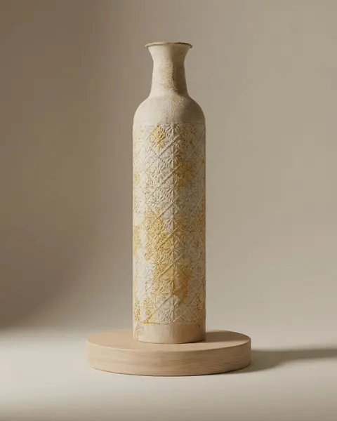 Schlanke cremefarbene Flaschenvase mit Relief und ockerfarbener Patina