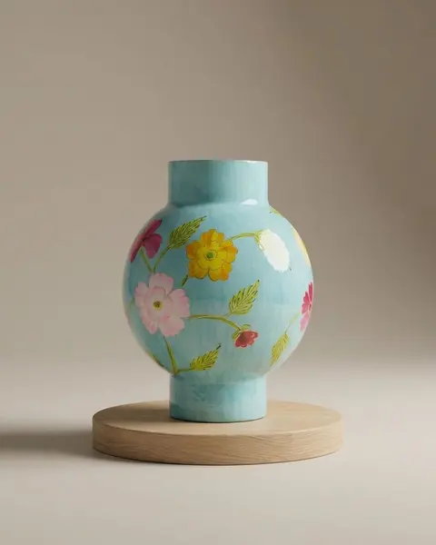 Bauchige türkisfarbene Keramikvase, von Hand mit bunten Blüten bemalt