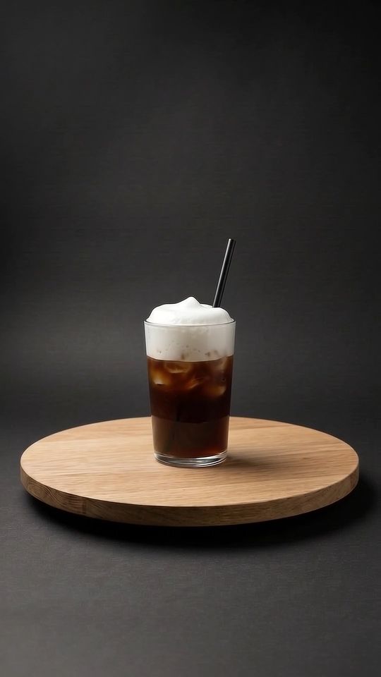 Cappuccino Freddo auf einer Eichenplatte vor dunklem Hintergrund