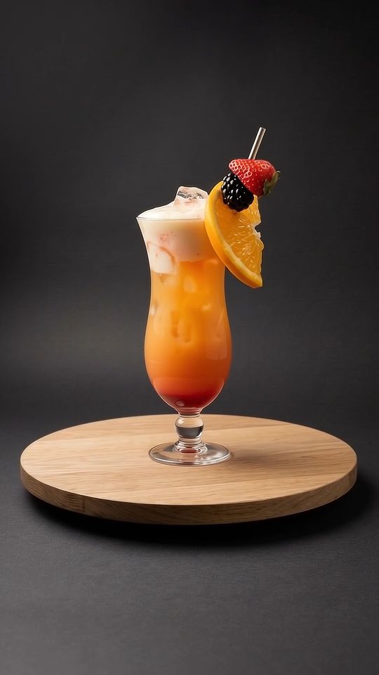 Cocktail mit Orange auf einer Eichenplatte vor dunklem Hintergrund