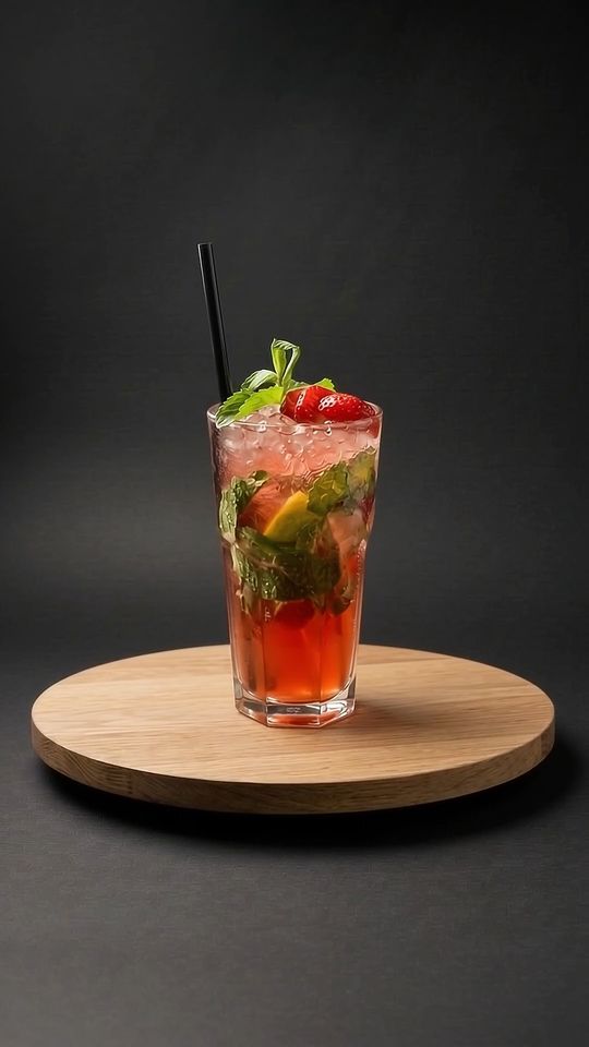 Erdbeer Mojito auf einer Eichenplatte vor dunklem Hintergrund