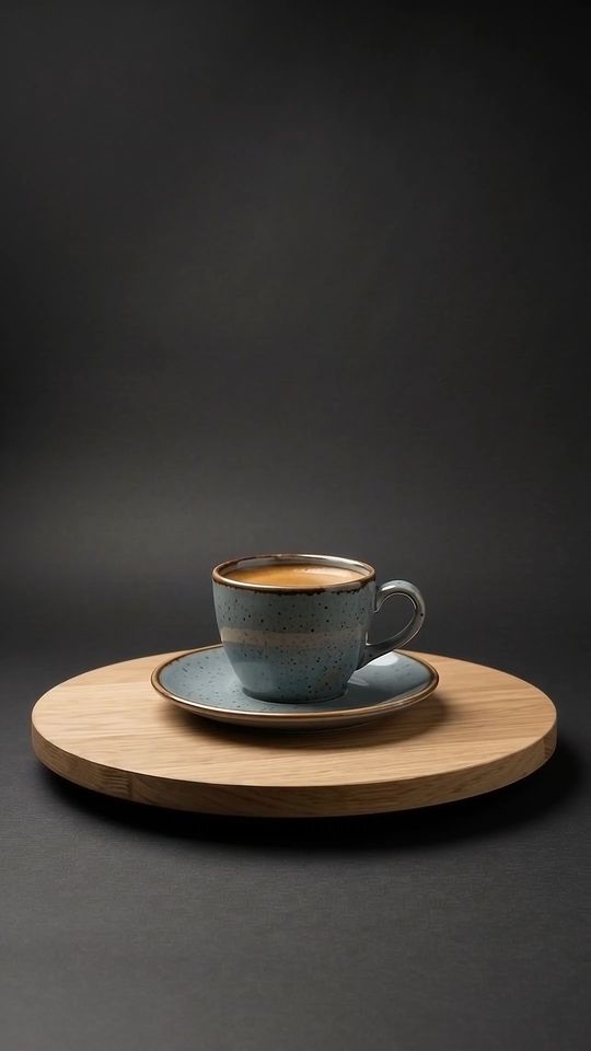 Kaffee mit Crema auf einer Eichenplatte vor dunklem Hintergrund