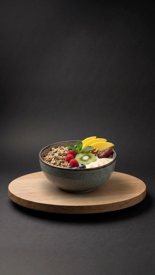 Healthy Bowl auf einer Eichenplatte vor dunklem Hintergrund