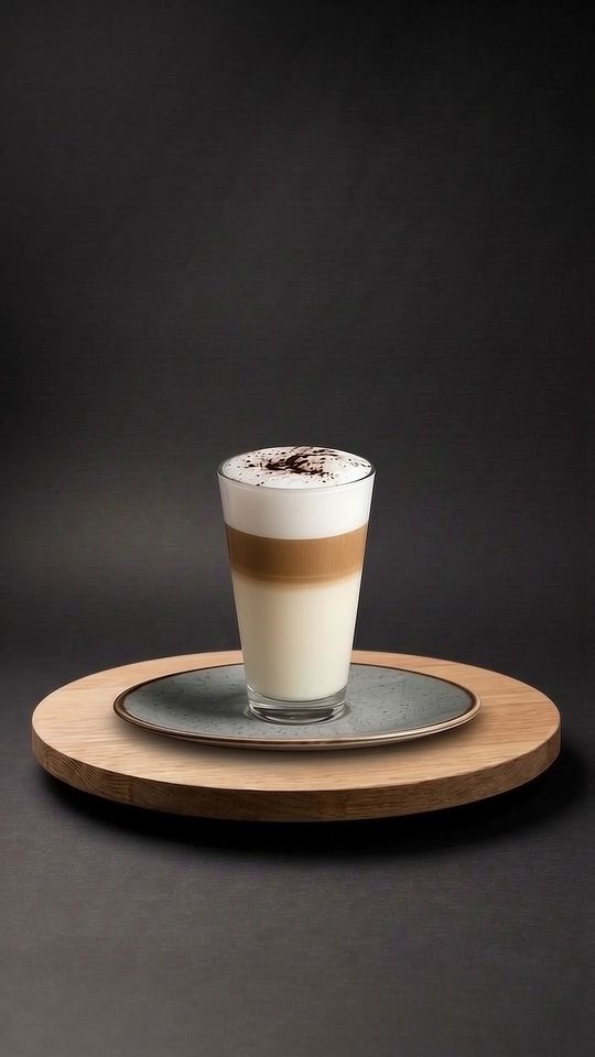 Latte Macchiato auf einer Eichenplatte vor dunklem Hintergrund