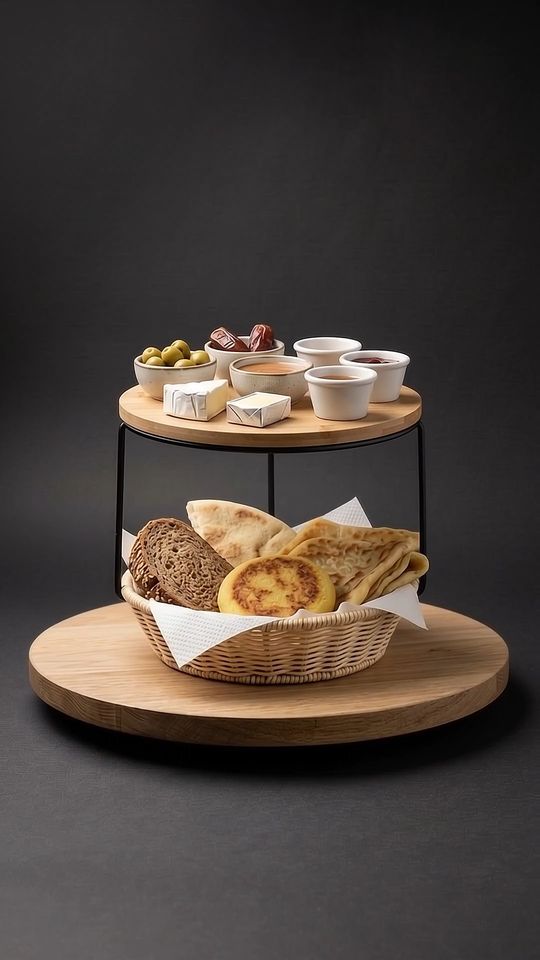 Marokkanisches Frühstück auf einer Eichenplatte vor dunklem Hintergrund