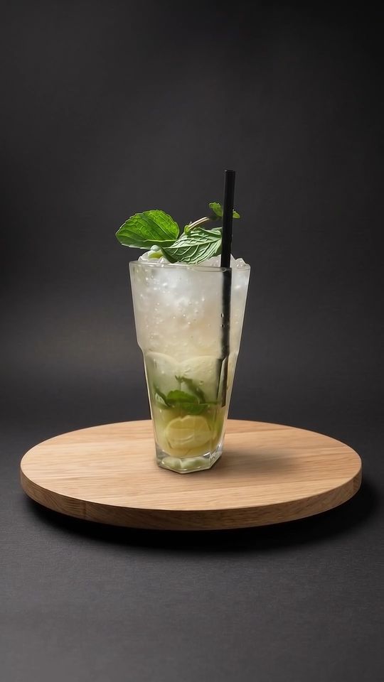 Mojito mit Limette und Minze auf einer Eichenplatte vor dunklem Hintergrund