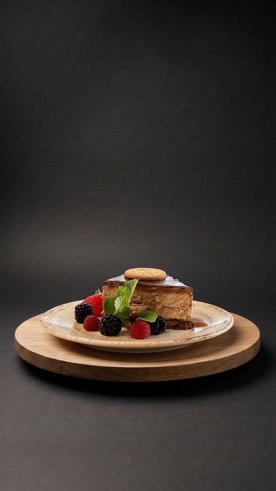 Cremetorte mit Keks auf einer Eichenplatte vor dunklem Hintergrund