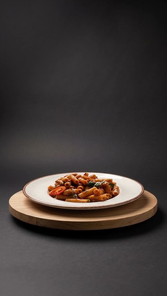 Pasta Arrabbiata auf einer Eichenplatte vor dunklem Hintergrund