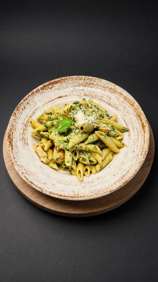 Pasta D Espinaca auf einer Eichenplatte vor dunklem Hintergrund