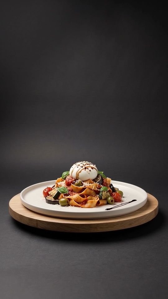Pasta mit Tomatensauce auf einer Eichenplatte vor dunklem Hintergrund