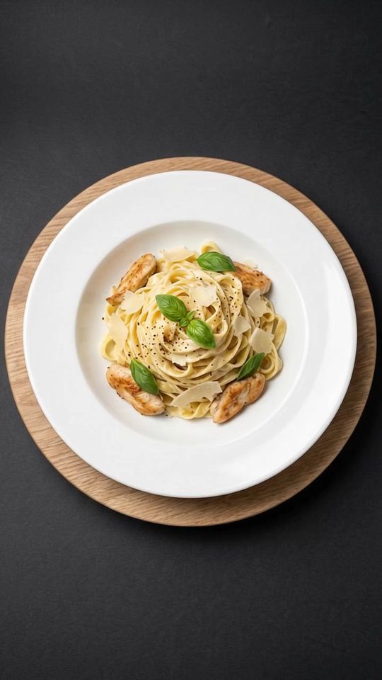 Tagliatelle in Sahnesauce mit Hähnchen auf einer Eichenplatte vor dunklem Hintergrund