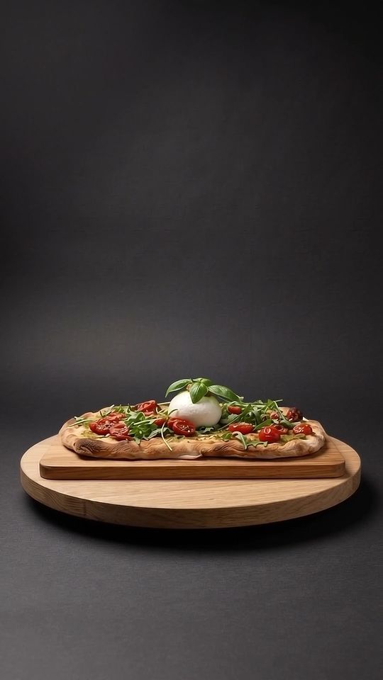 Pinsa Burrata auf einer Eichenplatte vor dunklem Hintergrund