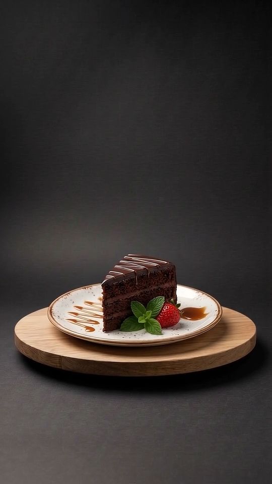 Torta al cioccolato (Sacher Art) auf einer Eichenplatte vor dunklem Hintergrund