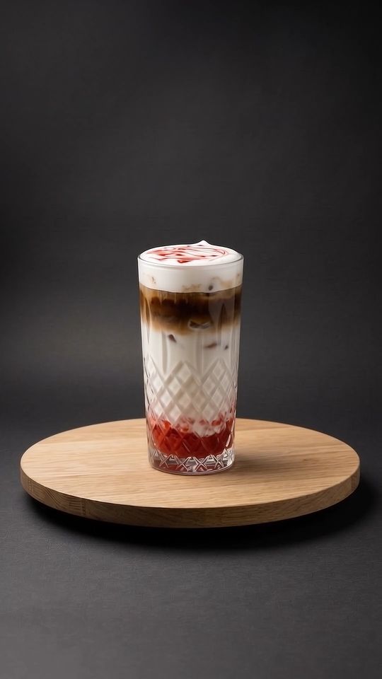 Strawberry Latte auf einer Eichenplatte vor dunklem Hintergrund